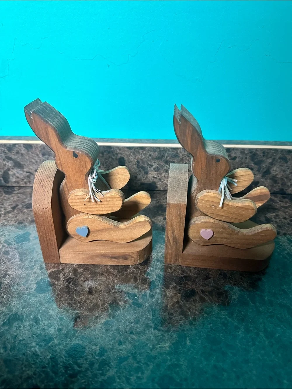 Wooden Bunny Bookends in Natural Wood - Home Wall Decor